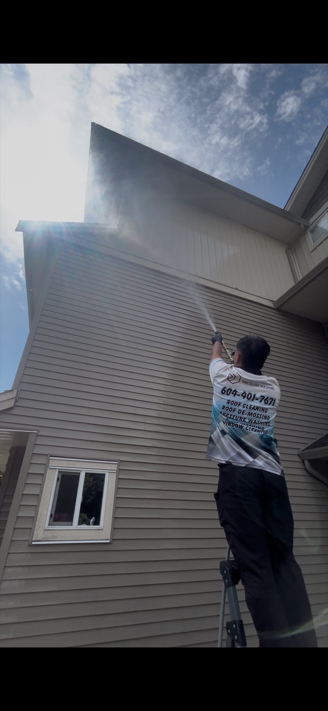 Eco-friendly soft wash being applied to vinyl siding on a Langley home