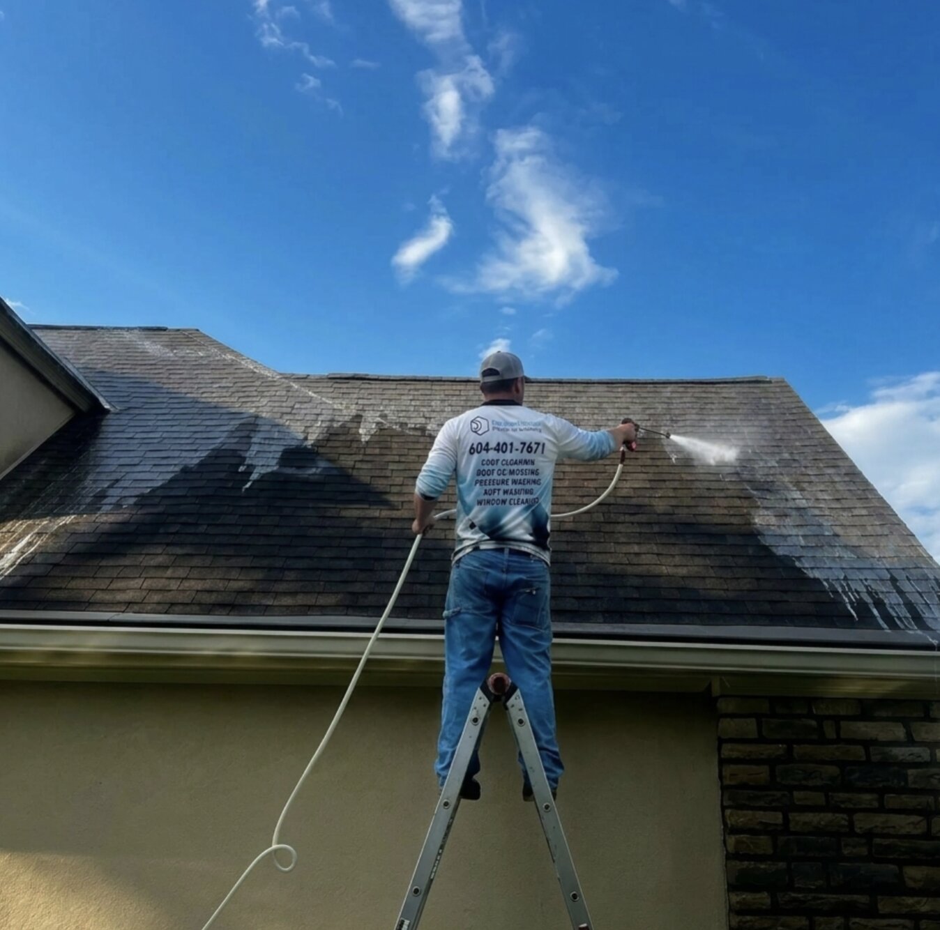 Powerhouse Pressure Washing crew soft-washing the upper windows of a stucco home in Langley, BC